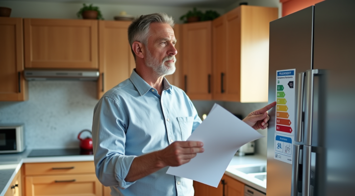 Classe énergétique 6 : comprendre son importance et ses implications Homme regardant un label energie sur un frigo moderne