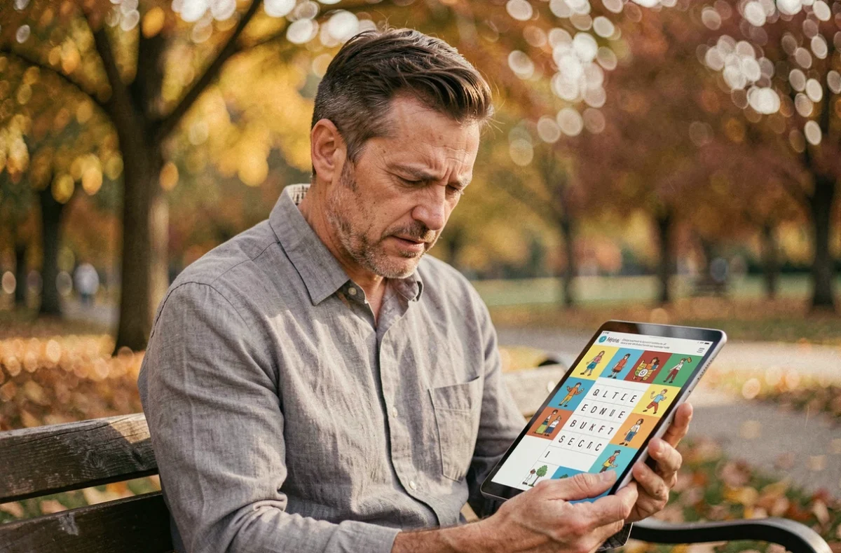Homme résolvant une énigme quotidienne de 9 lettres sur tablette dans un parc en automne