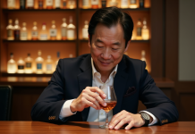 Homme japonais dégustant un whisky dans un bar élégant