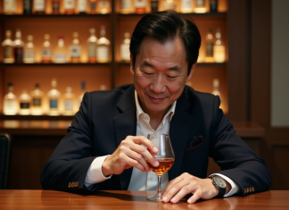 Découverte des saveurs uniques des meilleurs whiskies japonais Homme japonais dégustant un whisky dans un bar élégant