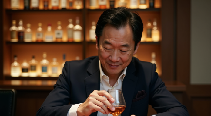 Découverte des saveurs uniques des meilleurs whiskies japonais Homme japonais dégustant un whisky dans un bar élégant