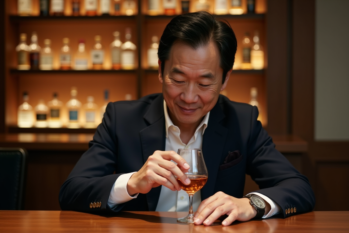 Homme japonais dégustant un whisky dans un bar élégant