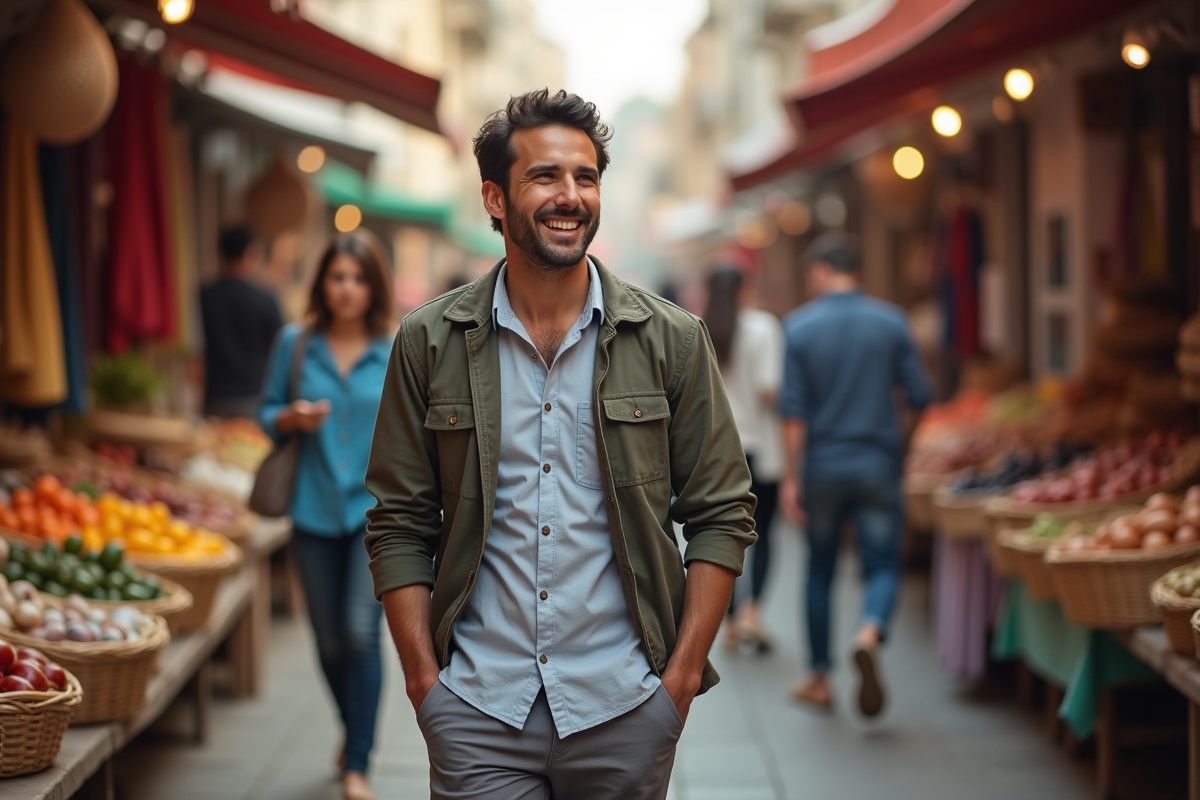 Homme dans un marché animé avec étals colorés