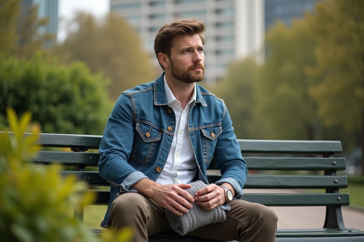 Homme détendu assis sur un banc avec vêtements en matières naturelles