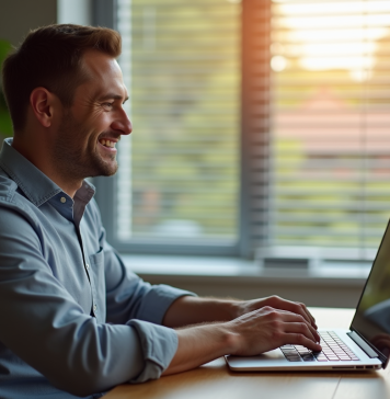 Homme souriant à la maison naviguant sur un site auto
