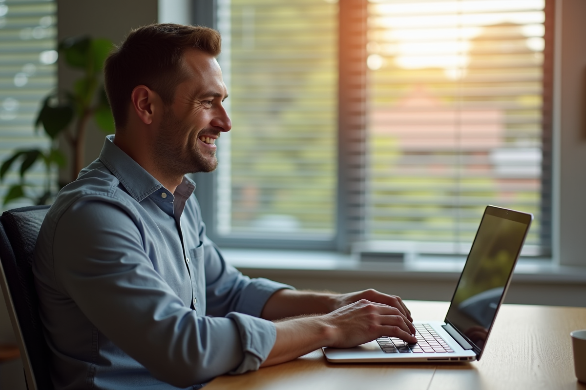 Homme souriant à la maison naviguant sur un site auto