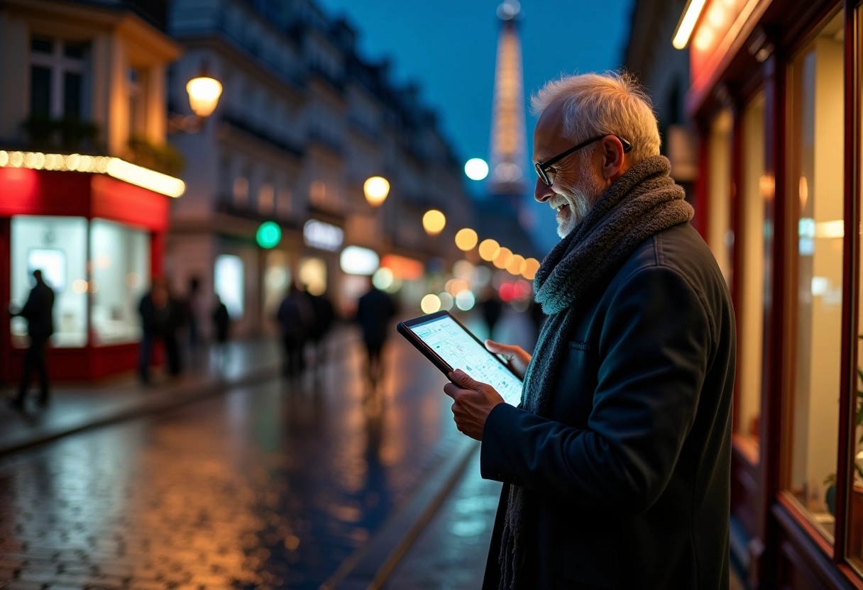 Homme regardant carte lumineuse la nuit à Paris