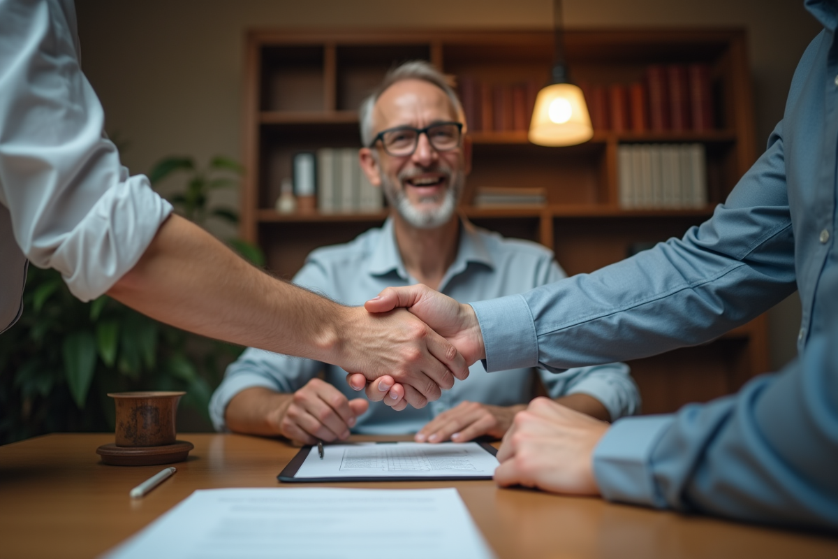 Homme d âge moyen serrant la main lors de la signature d un contrat