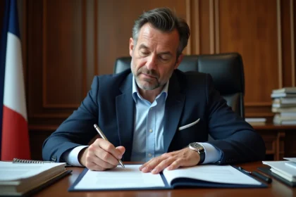 Homme d'&acirc;ge moyen signant des documents officiels dans un bureau