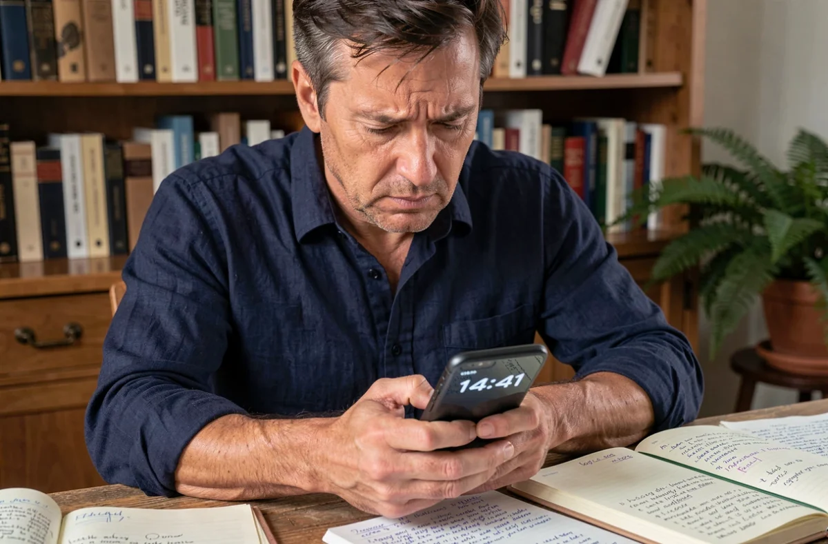 Homme concentré fixant l'heure 14h41 sur son smartphone entouré de notes manuscrites dans un bureau à domicile