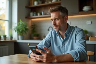 Homme d'âge moyen avec smartphone et appel entrant