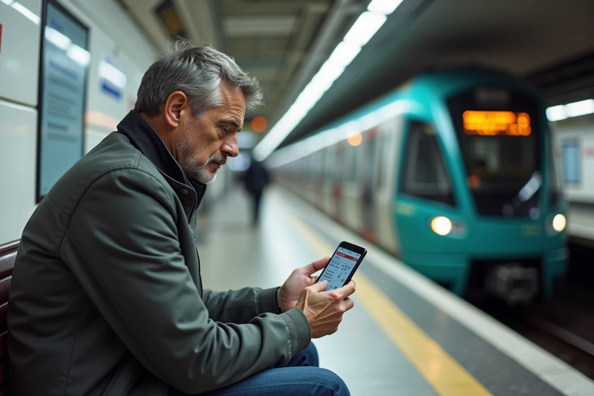 Homme consultant une application interactive avec les temps de trajet de la ligne 14 sur smartphone dans une station parisienne