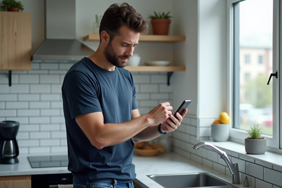 Homme consultant un guide de téléchargement Foutoutici sur smartphone dans une cuisine moderne