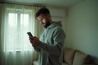 Homme frustré tenant son smartphone sans réseau dans un appartement, illustrant un problème de couverture Free Mobile
