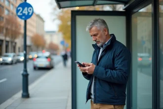 Homme d'âge moyen vérifiant son smartphone à un arrêt de bus
