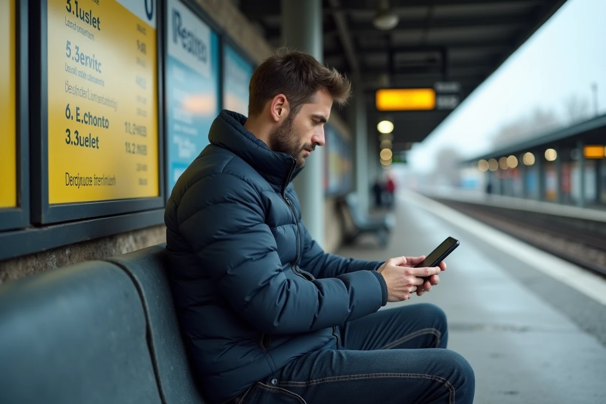 Homme consultant le trafic RER en direct sur smartphone assis sur un quai de gare RATP en banlieue parisienne