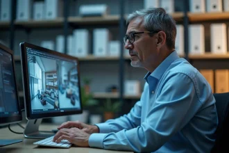 Homme d'âge moyen travaillant sur un ordinateur en bureau moderne