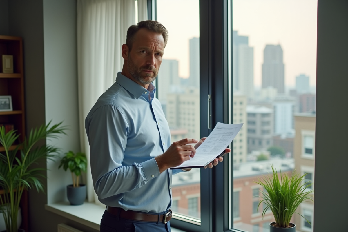 Homme dans un appartement citadin examine des documents de prêt immobilier
