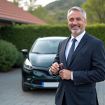 Homme d'affaires souriant avec une voiture compacte
