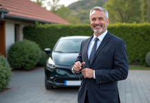 Homme d'affaires souriant avec une voiture compacte