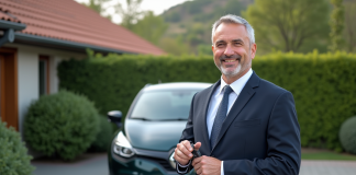 Homme d'affaires souriant avec une voiture compacte