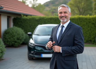 Homme d'affaires souriant avec une voiture compacte