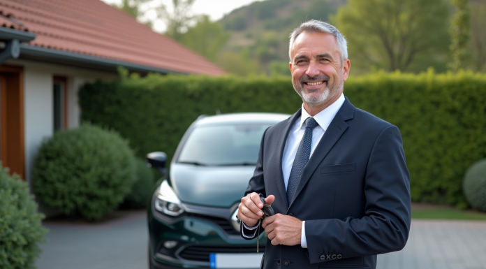 Homme d'affaires souriant avec une voiture compacte