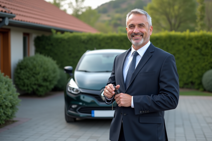 Homme d'affaires souriant avec une voiture compacte