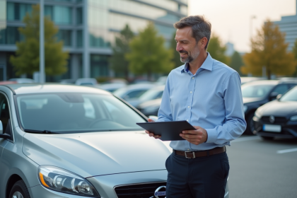 Homme d affaires examinant un véhicule en parking urbain