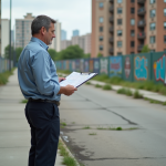 Homme d'âge moyen étudie un plan de zonage urbain