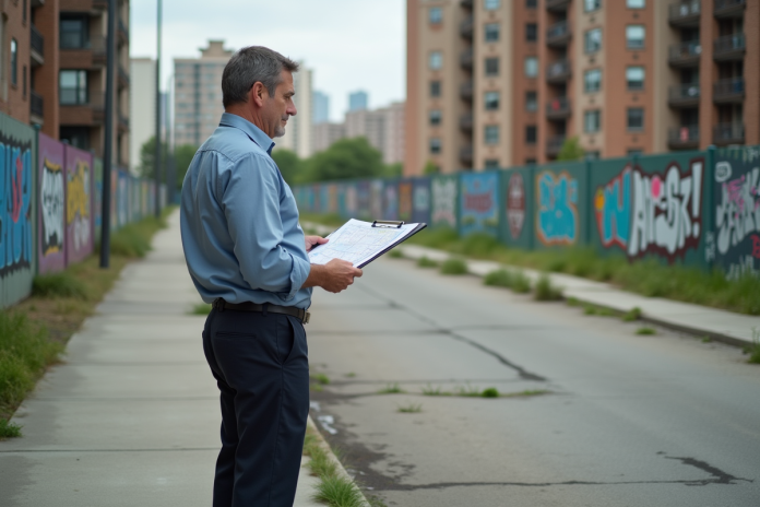 Homme d'âge moyen étudie un plan de zonage urbain