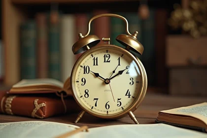 Gros plan sur une horloge analogique ancienne affichant 11h01 posée sur un bureau en bois avec des notes manuscrites