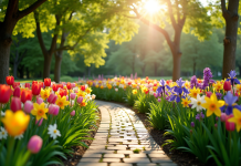 Jardin moderne avec massif en V de tulipes et iris en fleurs