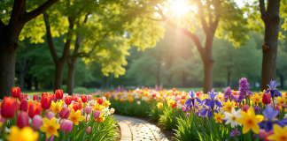 Jardin moderne avec massif en V de tulipes et iris en fleurs