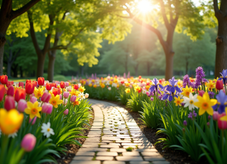 Jardin moderne avec massif en V de tulipes et iris en fleurs