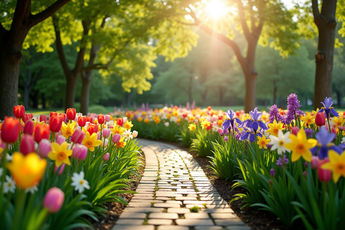 jardin-moderne-fleurs-v-shape Jardin moderne avec massif en V de tulipes et iris en fleurs