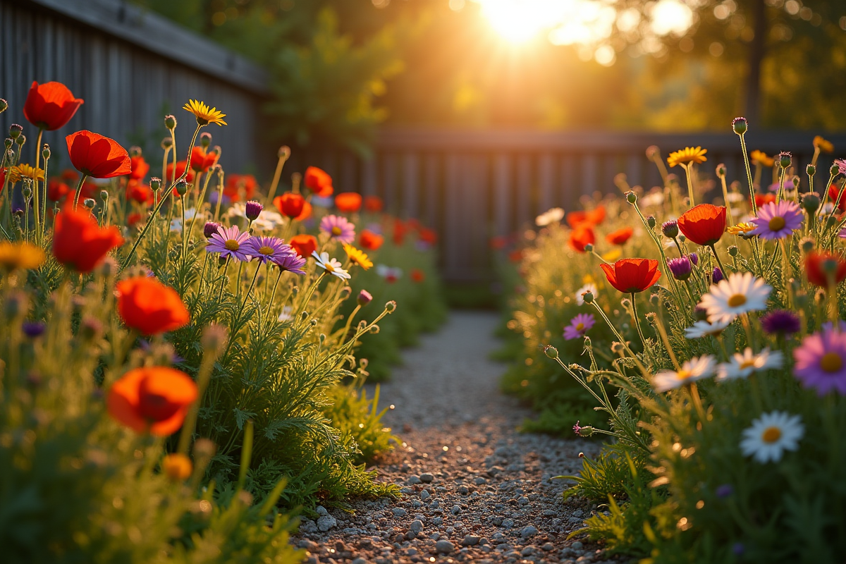 Jardin rustique au lever du soleil avec fleurs sauvages en V