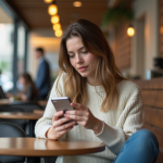 Jeune femme au café utilisant une application de traduction