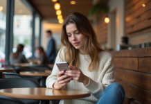 Jeune femme au café utilisant une application de traduction