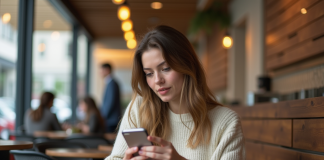 Jeune femme au café utilisant une application de traduction