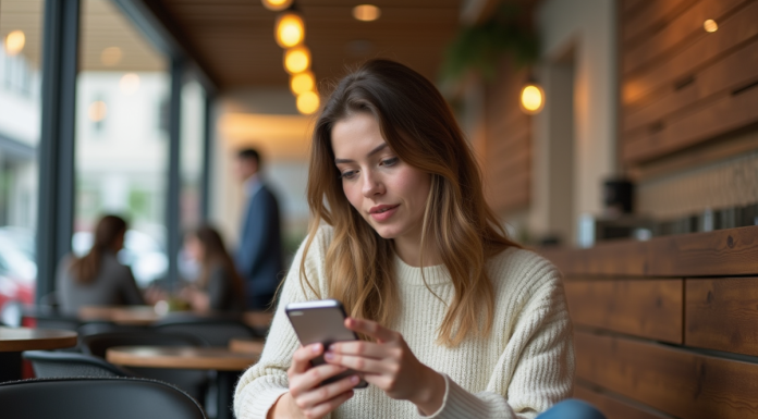 Jeune femme au café utilisant une application de traduction