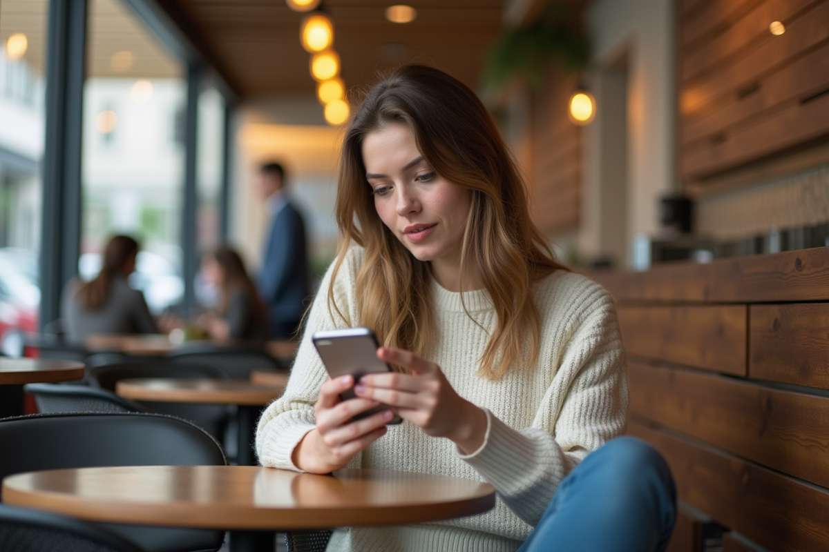Jeune femme au café utilisant une application de traduction