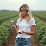 Jeune femme en jeans et T-shirt dans un champ de coton
