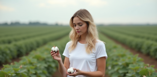 Jeune femme en jeans et T-shirt dans un champ de coton