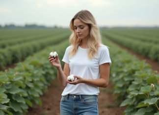 Jeune femme en jeans et T-shirt dans un champ de coton