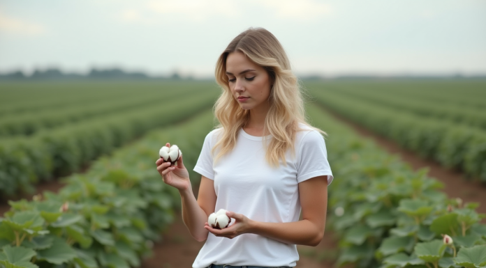 Jeune femme en jeans et T-shirt dans un champ de coton