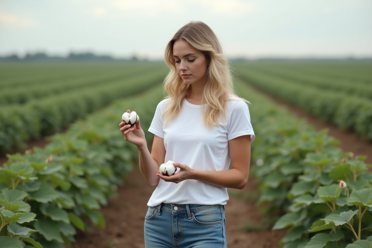 Jeune femme en jeans et T-shirt dans un champ de coton