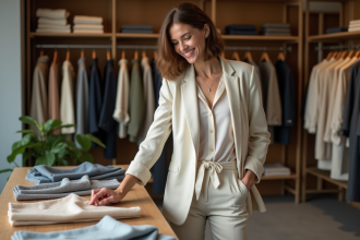 Jeune femme souriante dans une boutique de mode en touchant des tissus
