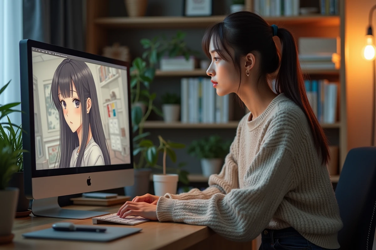 Jeune femme ajustant un moniteur de manga dans un bureau cosy