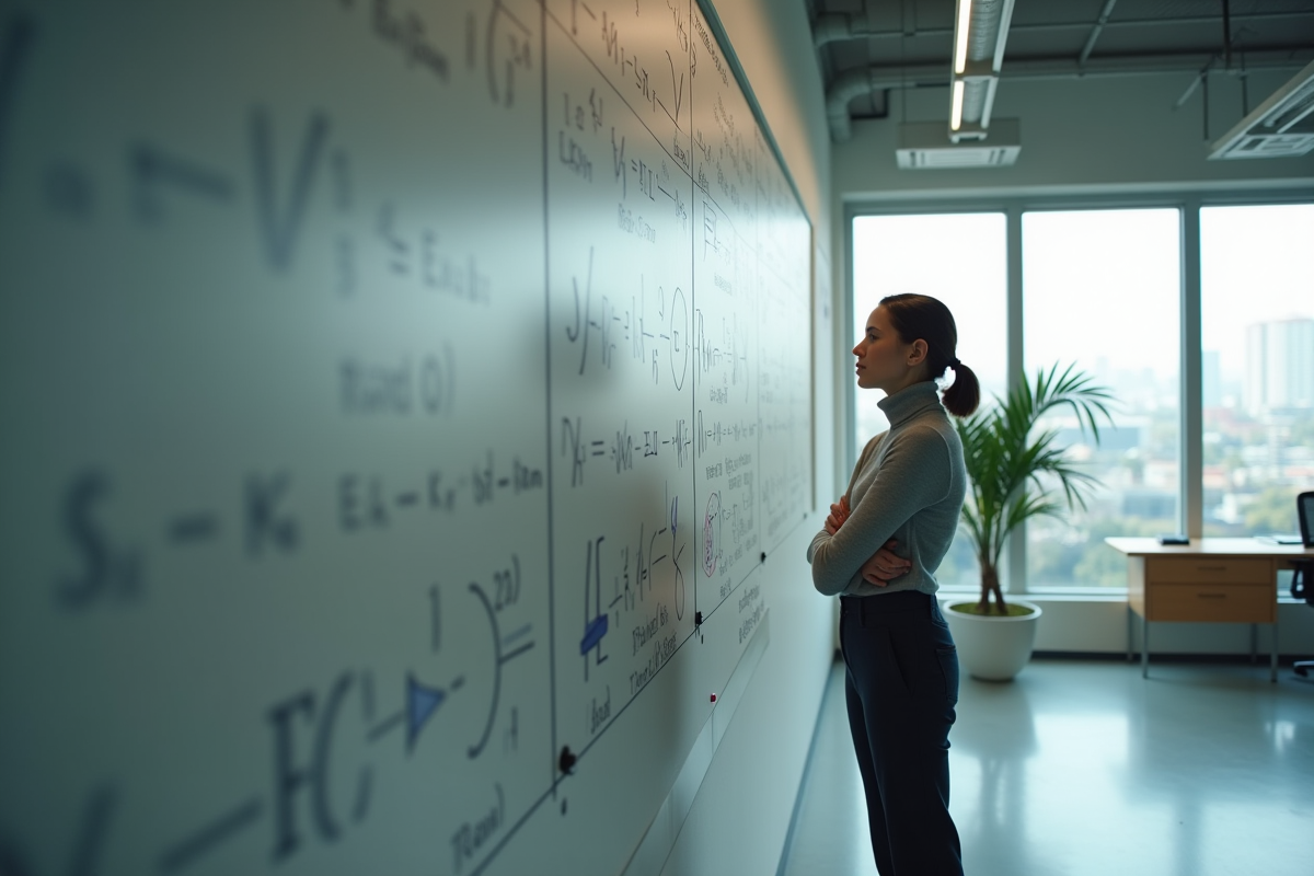 Jeune ingénieure réfléchissant devant un diagramme quantique dans un bureau moderne